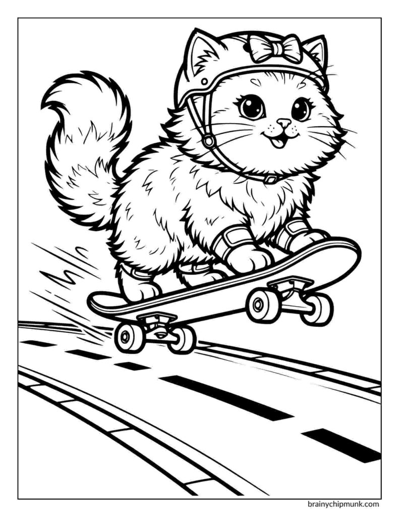 A fluffy cat wearing a helmet and bow skateboards down a road. The cat looks joyful and is in mid-air, exuding excitement and playfulness.