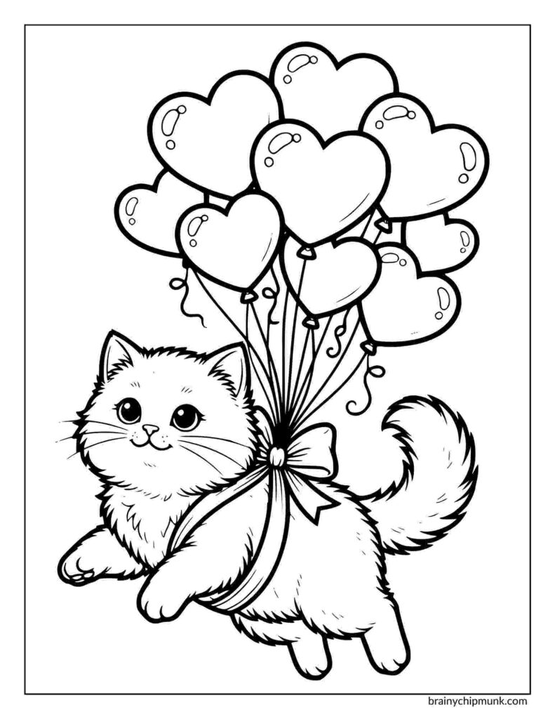 A fluffy kitten is playfully tied with a ribbon to a bunch of heart-shaped balloons coloring page.