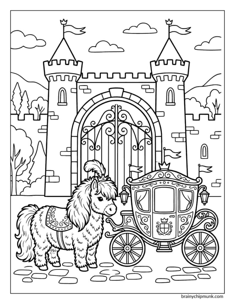 Coloring page of a fluffy pony standing besides a queen's cart. castle in the background.