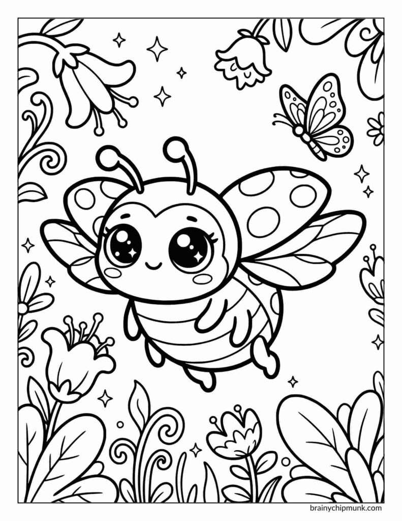 Coloring page of a cute ladybug with big eyes flying among flowers and stars, while a butterfly flutters nearby. Playful and whimsical nature scene.