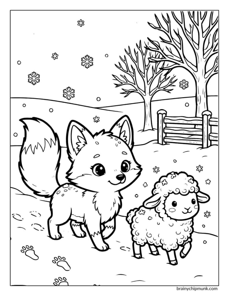 A cute fox and lamb walk together in snowy scenery coloring page. Trees and a wooden fence add charm, while falling snowflakes create a peaceful, winter scene.