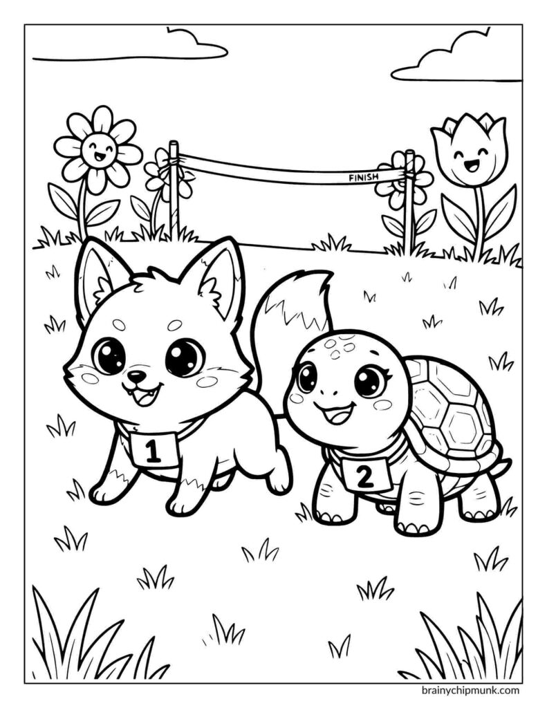 Cute coloring page of a smiling fox and turtle wearing race numbers one and two, competing in a race. They are on a grassy path with flowers and a finish line.