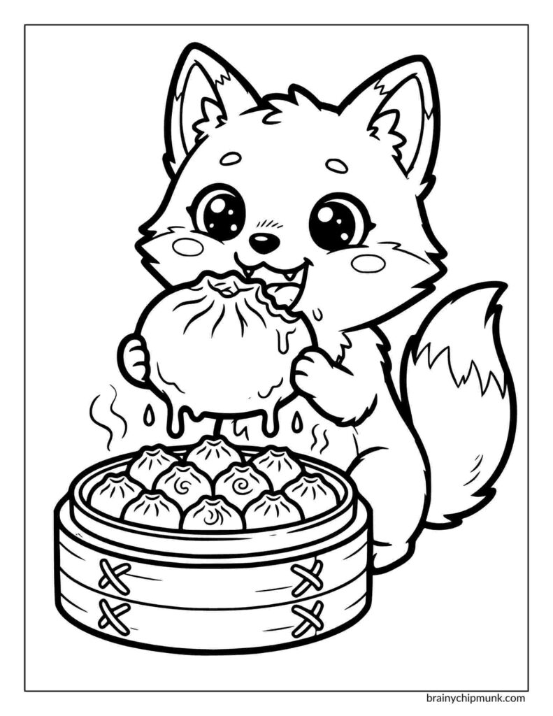 Cute coloring page of a fox eagerly biting into a large dumpling. It stands beside a steaming basket filled with smaller dumplings, conveying joy and delight.