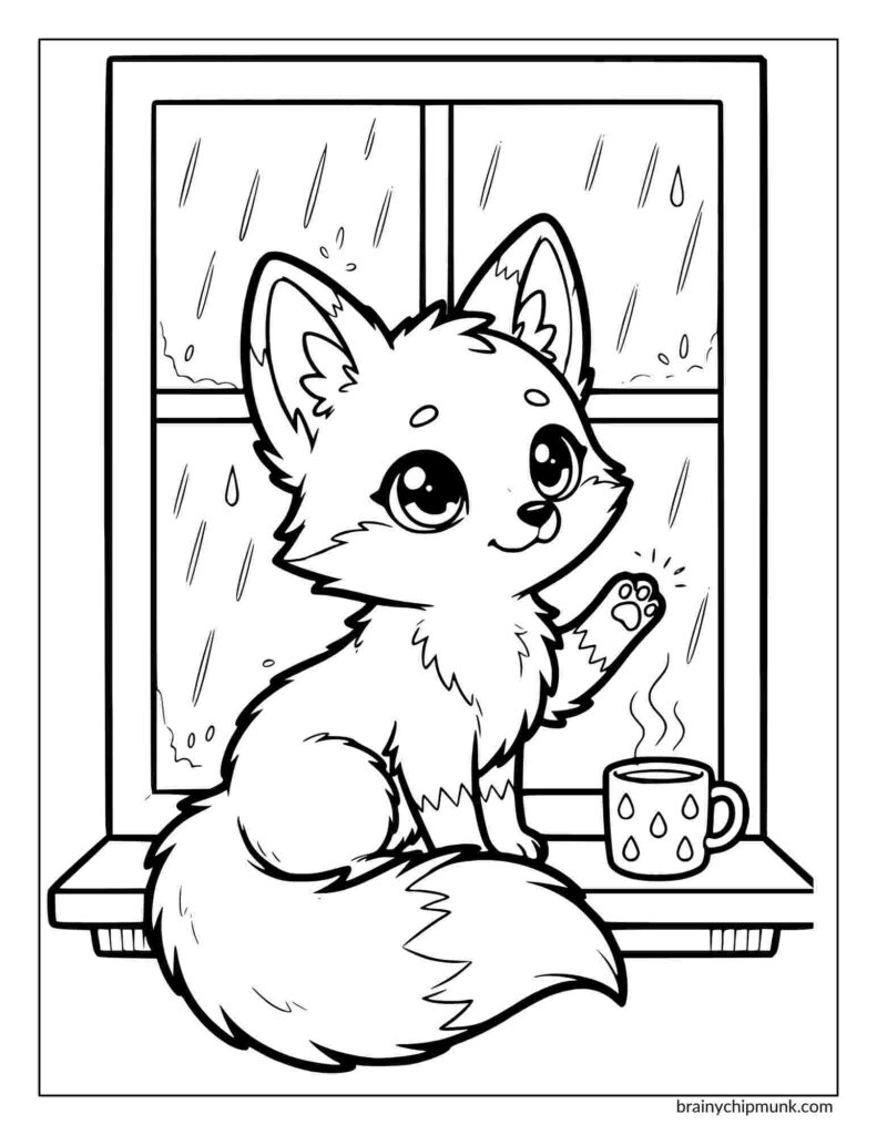 Cute fox coloring page, fox sits by a rainy window, raising a paw. A steaming mug rests beside it, adding a cozy and serene atmosphere.