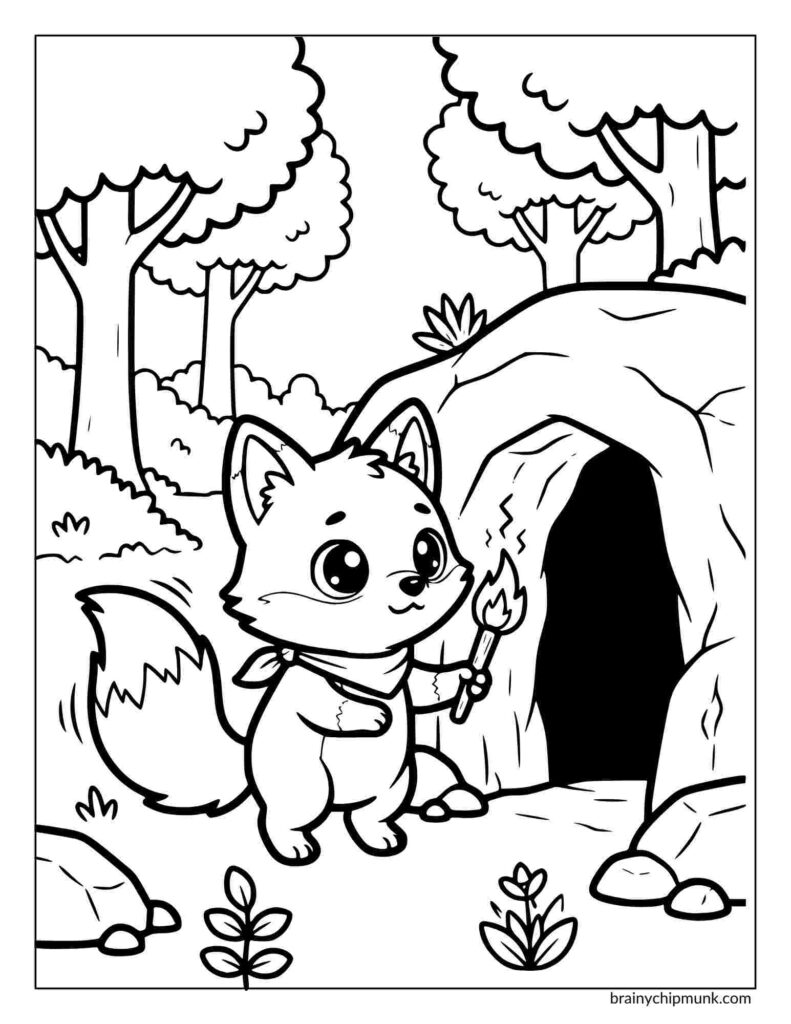 A cute cartoon fox holding a lit torch stands outside a cave in a forest with trees and small plants. The scene in coloring page feels adventurous and curious.