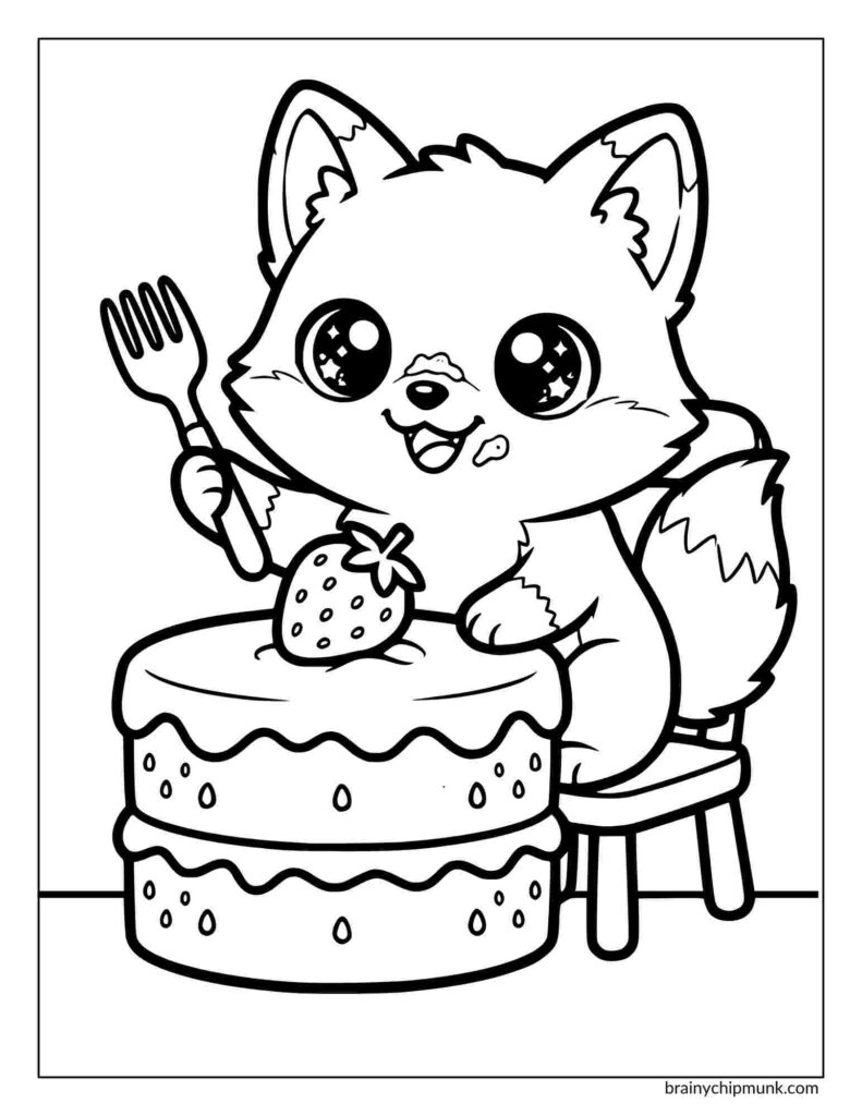 Coloring page of a Cute fox sitting on a chair, holding a fork, excitedly looking at a big strawberry-topped cake. The scene is playful and joyful.