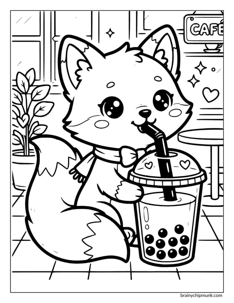 Coloring page of a fox sipping bubble tea with a straw in a cozy cafe. Decorated with hearts and stars, it wears a scarf, looking cheerful and content.