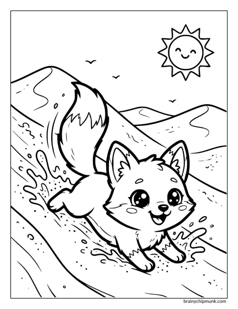 Coloring page of a cartoon fox joyfully runs through a shallow river, splashing water. The sun shines brightly in the sky, and hills are in the background. 