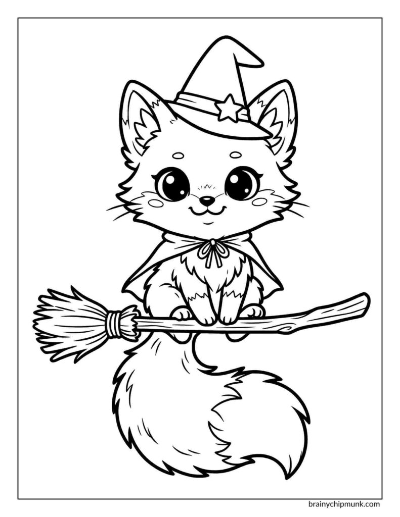 Cute coloring page of a fox dressed as a witch with a pointy hat and cape, sitting on a broomstick. The image is black and white, conveying a playful Halloween theme.