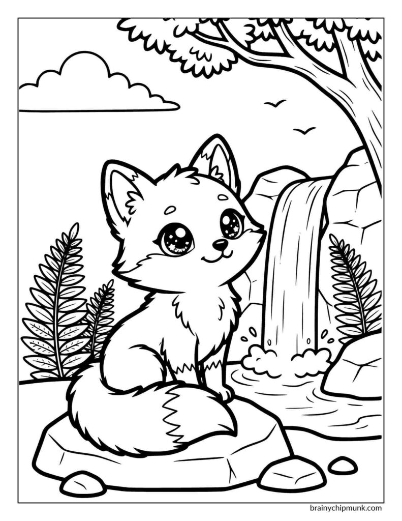 Coloring page of a fox sitting on a rock near a waterfall, surrounded by ferns and trees. The scene conveys a sense of whimsy and tranquility.