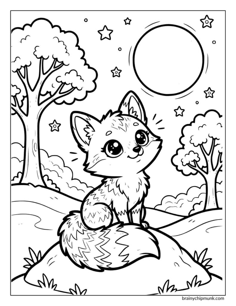 Coloring sheety of a fox with big eyes sits on a hill under a starry night sky. Surrounded by trees and the moon, the scene feels whimsical and serene.
