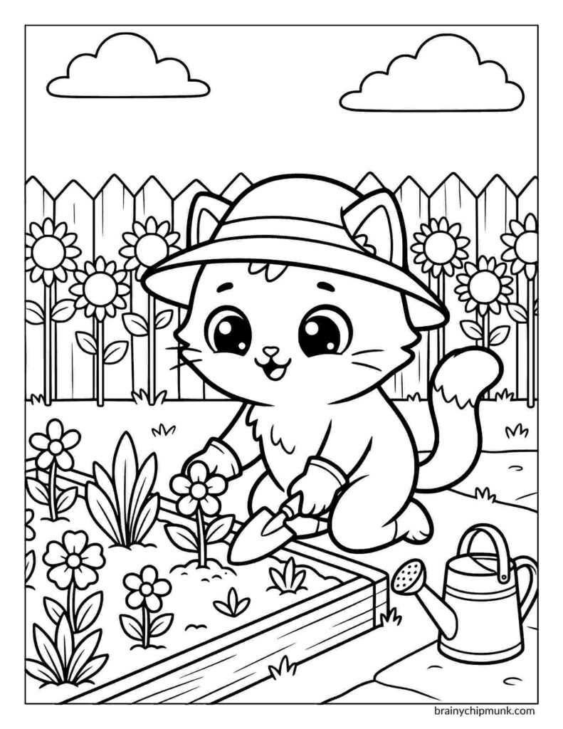 Black and white illustration of a fluffy cat sitting upright. The cat has large ears, a bushy tail, and an attentive expression, conveying calmness.