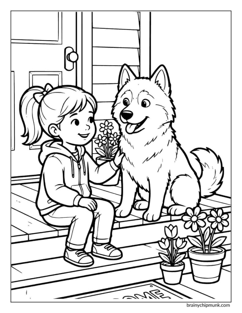 42 Cute Husky Coloring Pages A young girl sits on porch steps holding flowers, smiling at a fluffy husky beside her. Flower pots surround them, creating a cheerful, friendly scene.