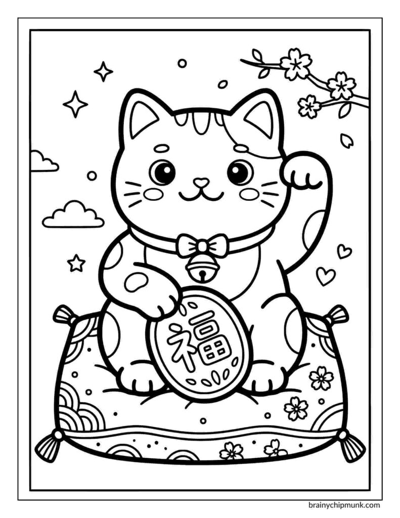 Cute waving cat on a cushion, holding a coin with Japanese characters. Stars, clouds, and cherry blossoms fill the background; playful and joyful tone.