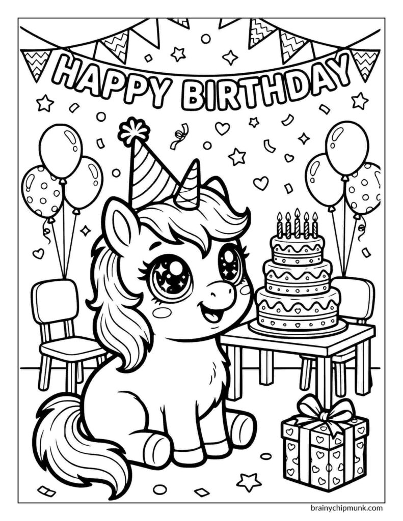 Cute pony coloring sheet with a party hat, surrounded by balloons and confetti. A cake with candles and a gift sit on a table. "Happy Birthday" banner above.
