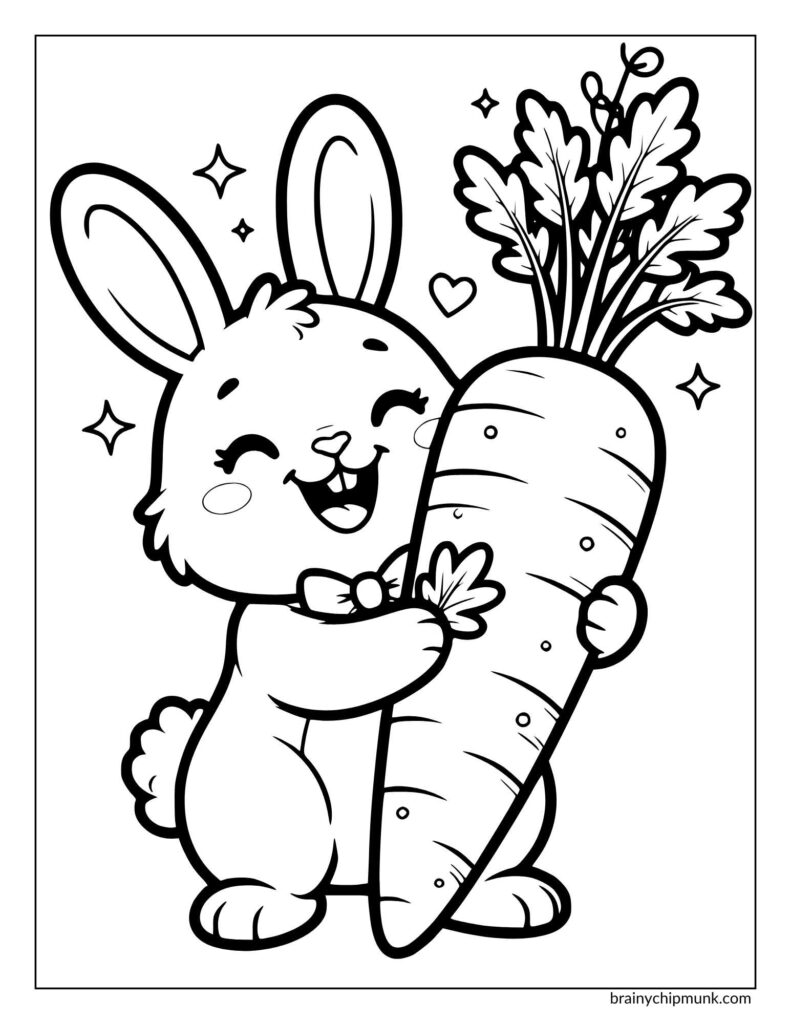 Cute little bunny laughing and holding a giant carrot. Surrounded by tiny hearts and stars.