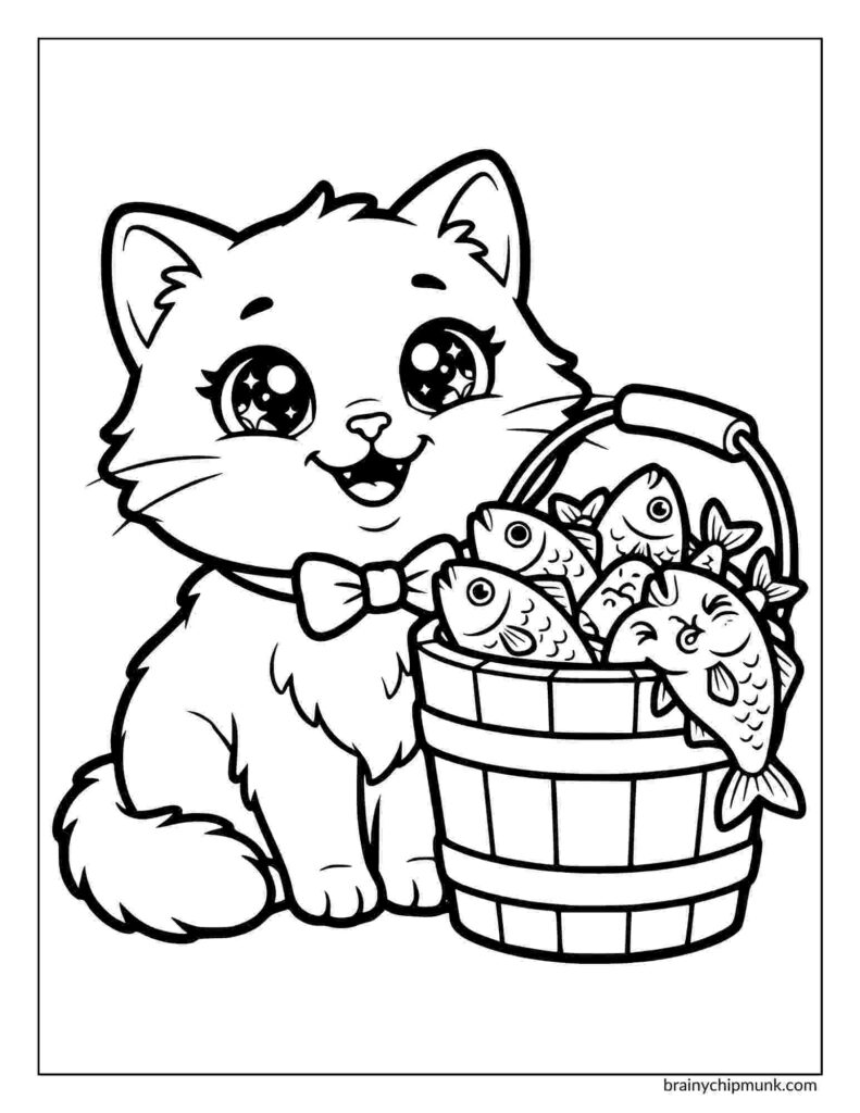 Cute cartoon kitten with big eyes and a bow tie, cheerfully smiling next to a bucket overflowing with fish. The image is playful and joyful.