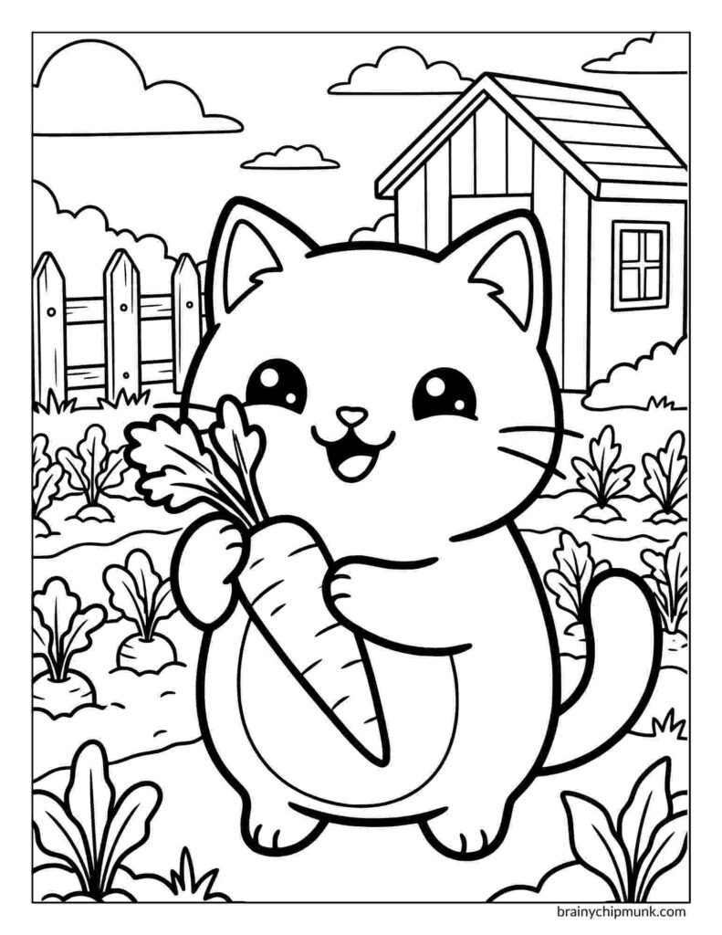 A cute cartoon cat holds a large carrot in a garden, smiling. A small shed and fence are in the background under a bright sky with fluffy clouds.