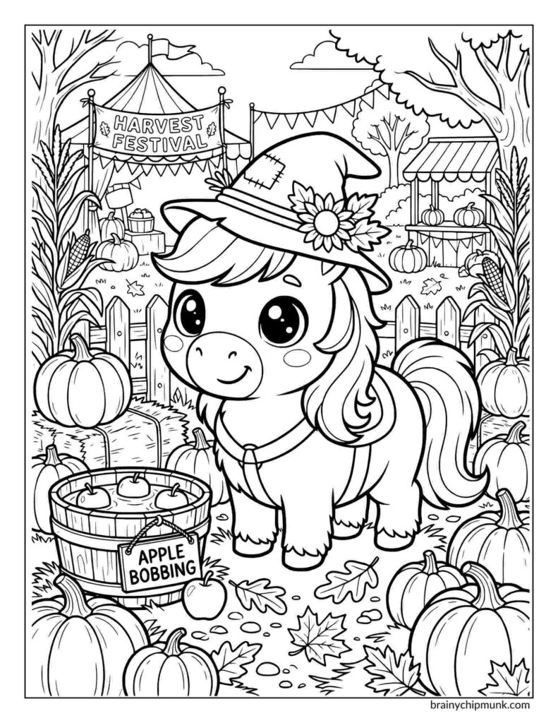 A cute pony wearing a witch hat and a flower stands at a festive harvest festival. Surrounding are pumpkins, a wooden fence, and a tub labeled "Apple Bobbing." The scene conveys a joyful, autumnal atmosphere