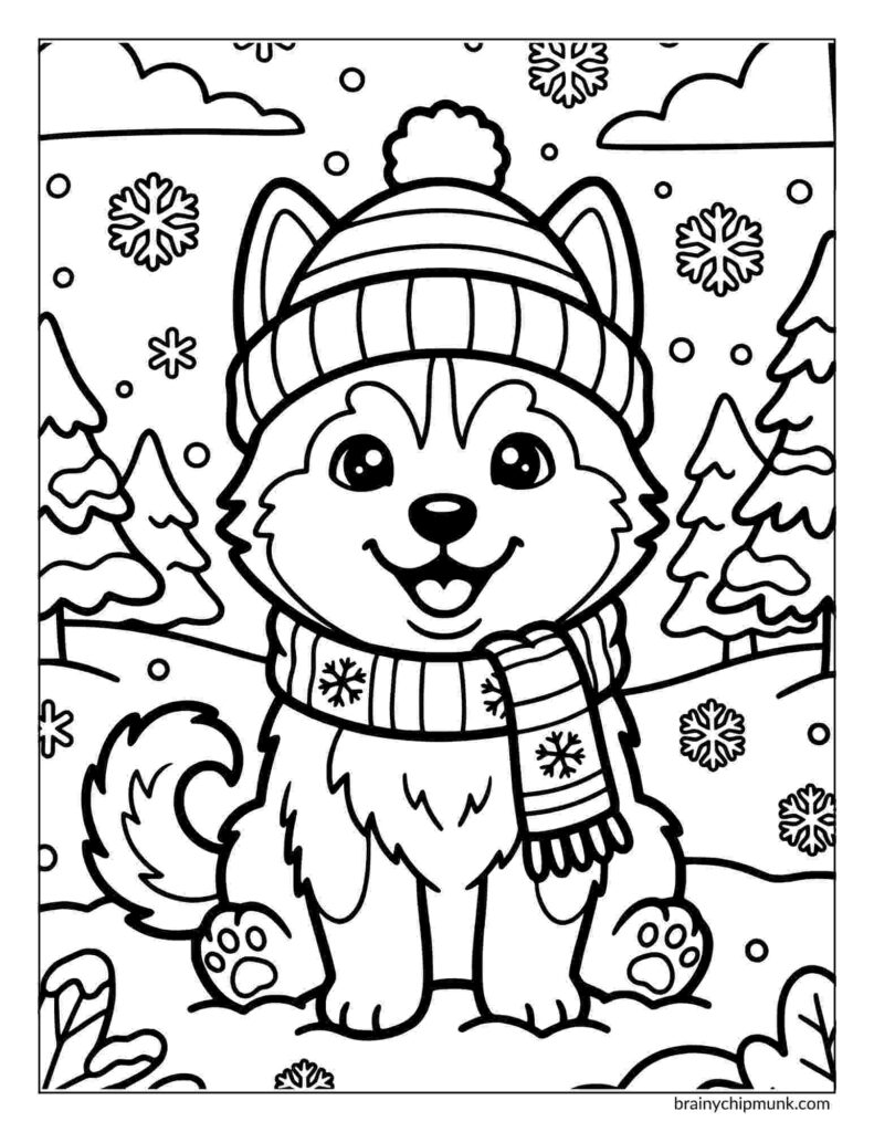 42 Cute Husky Coloring Pages Coloring page of a cheerful husky puppy wearing a striped hat and scarf, sitting in a snowy landscape with pine trees and snowflakes. The scene is playful and whimsical.
