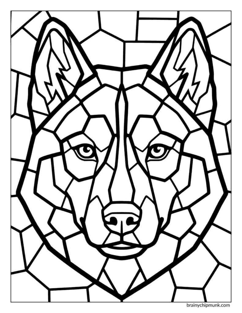42 Cute Husky Coloring Pages Coloring page of a Husky face, composed of geometric shapes creating a stained-glass effect. The design features sharp lines and symmetrical details.