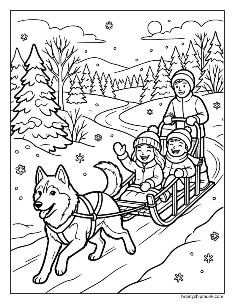 42 Cute Husky Coloring Pages A cheerful sled dog pulls two children and an adult on a sled through a snowy landscape coloring page. Snowflakes fall, and pine trees and hills fill the background.