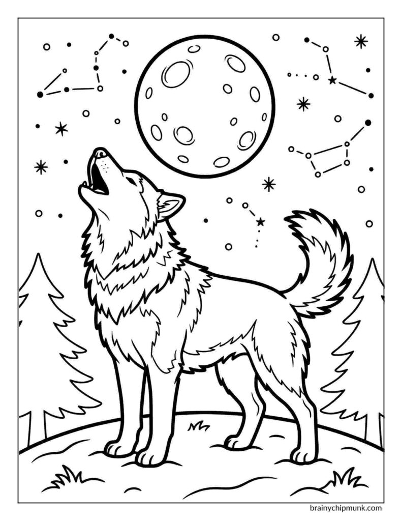 42 Cute Husky Coloring Pages A husky howls at a full moon surrounded by stars and constellations coloring page. The scene includes trees on a hill, creating a tranquil, mystical night atmosphere.