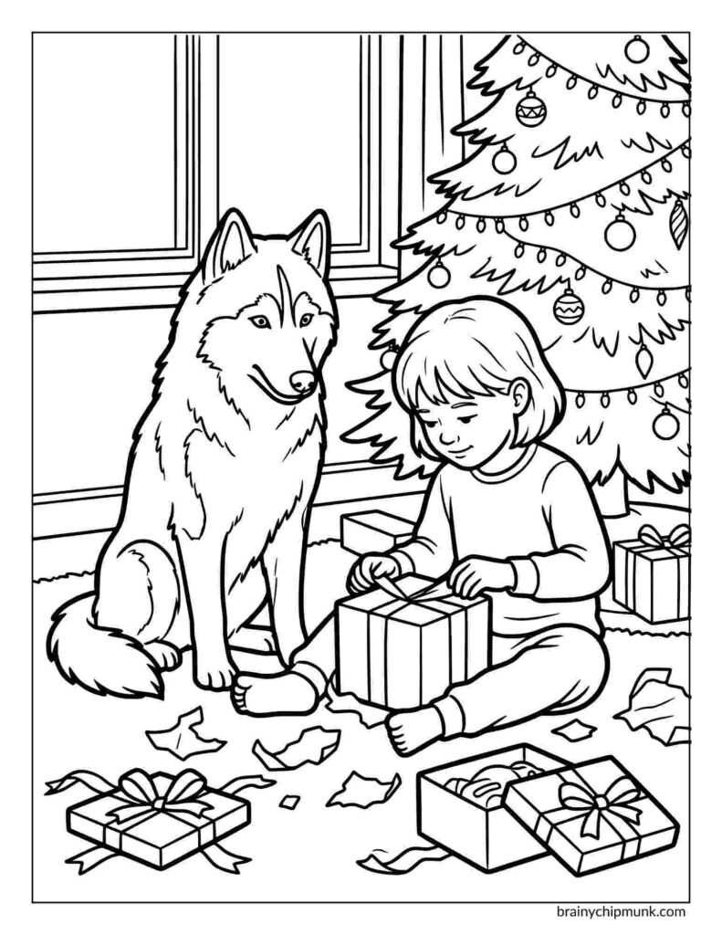 42 Cute Husky Coloring Pages Coloring page of a child joyfully opens a gift next to a large, friendly husky by a decorated Christmas tree. Wrapping paper and presents are scattered around.