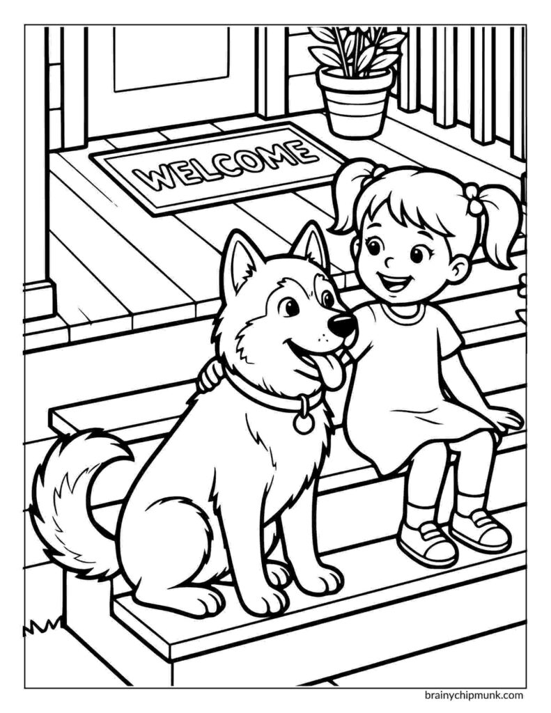 42 Cute Husky Coloring Pages A girl with pigtails happily sits on steps beside a friendly husky coloring page. A "Welcome" mat is at the entrance, and a potted plant adds warmth to the scene.