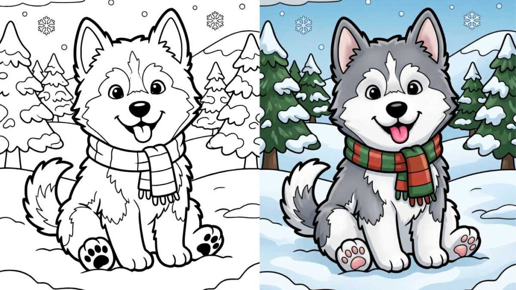 Cute husky in snow: Left, outlined coloring page in black and white; right, colored gray and white with a red-green scarf. Snowy trees in the background.