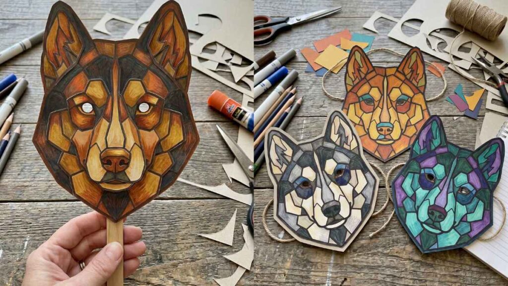 42 Cute Husky Coloring Pages Hand holding a geometric husky mask in warm tones. On the right, three colorful masks lie on a table with art supplies, paper cutouts, and a rustic background.