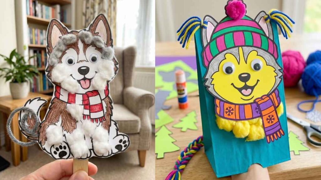 42 Cute Husky Coloring Pages Husky Craft projects featuring cute dog characters. Left: A husky made from paper, cotton, and googly eyes, held in front of a cozy living room. Right: A yellow husky puppet in a colorful hat and scarf, surrounded by craft supplies.
