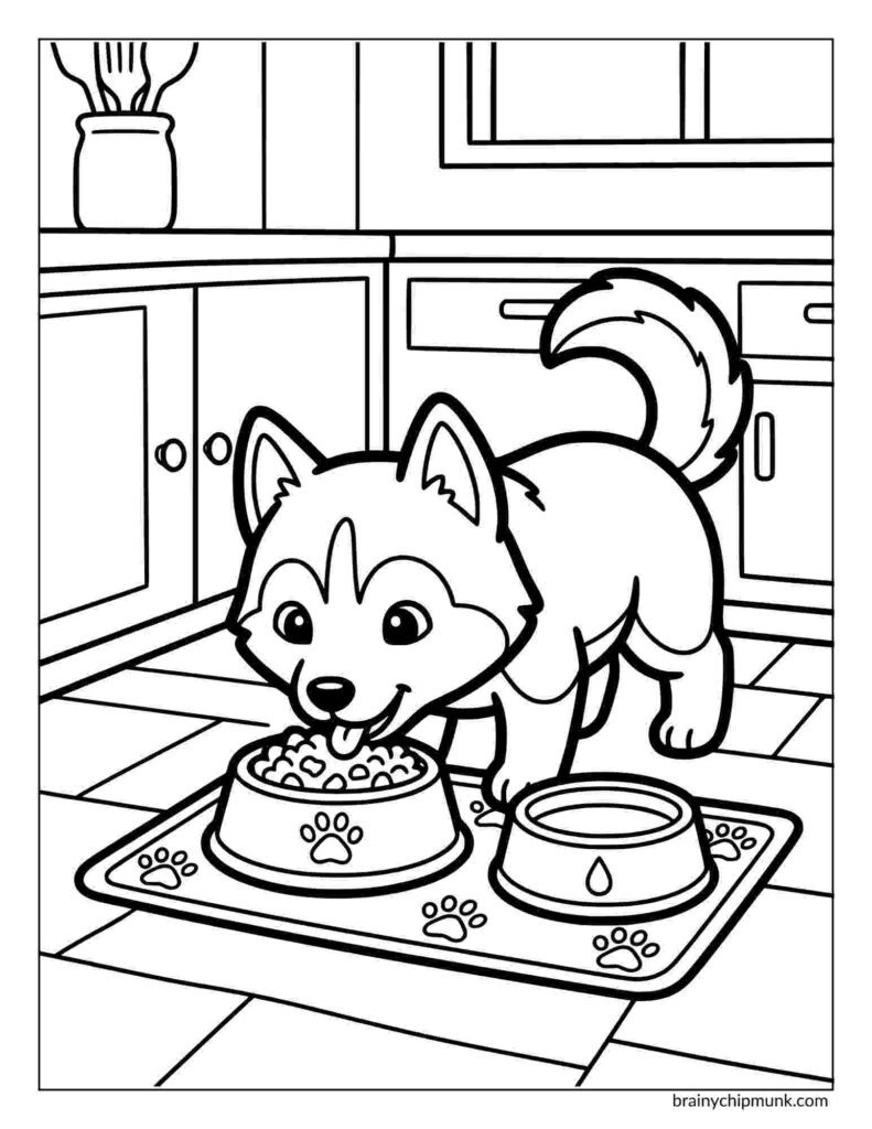 42 Cute Husky Coloring Pages Husky puppy coloring page where he eagerly eating from a food bowl on a paw-print mat in a kitchen. The room has cabinets, a window, and a cozy atmosphere.