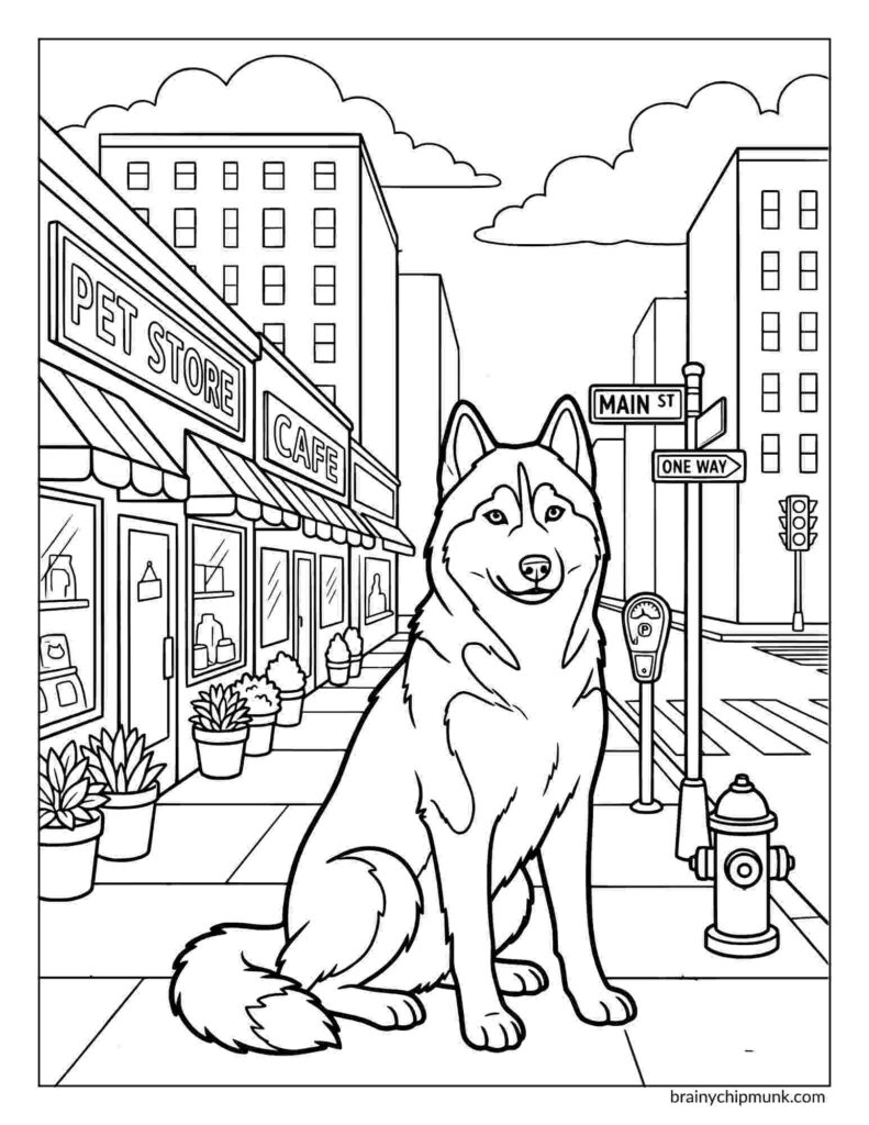 42 Cute Husky Coloring Pages Coloring page a Husky sits attentively on a city sidewalk near a pet store and cafe. Street signs and buildings line the background under a cloudy sky.