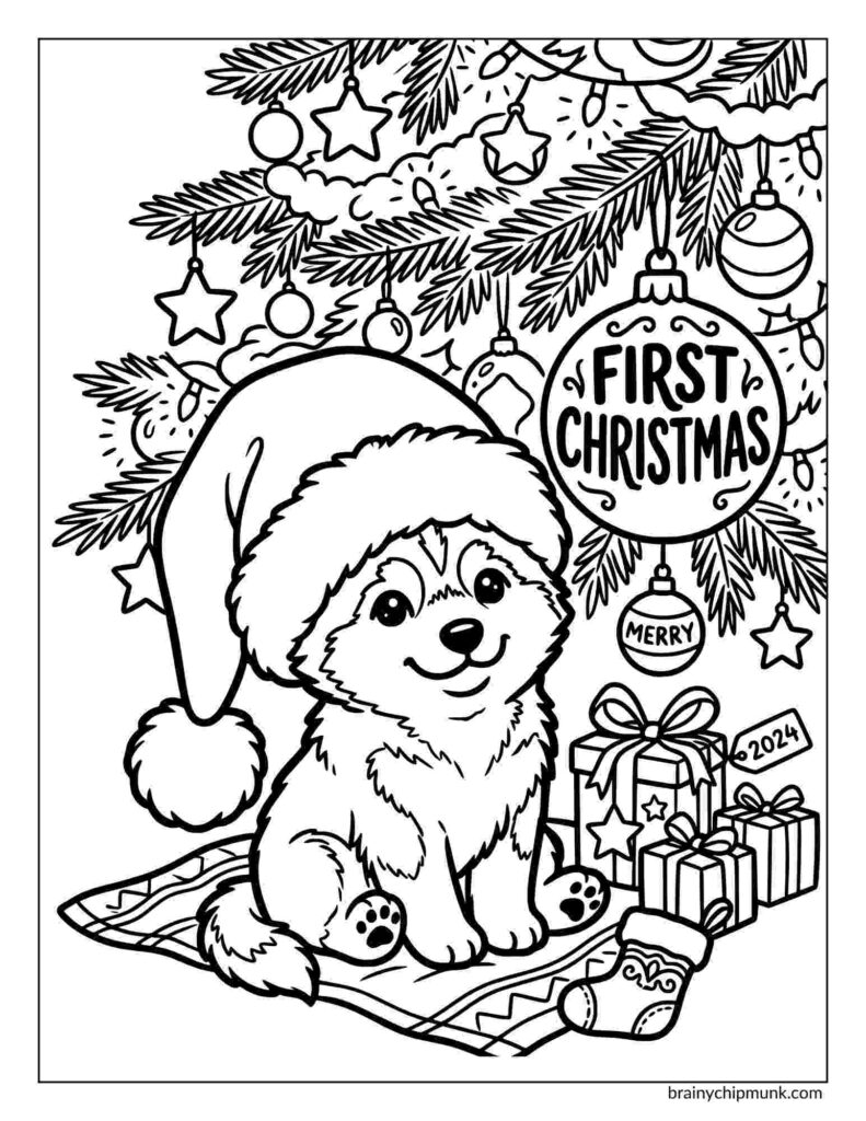 42 Cute Husky Coloring Pages Adorable husky puppy wearing a Santa hat sits under a Christmas tree coloring page. Ornaments and a "First Christmas" bauble hang above, with presents nearby.