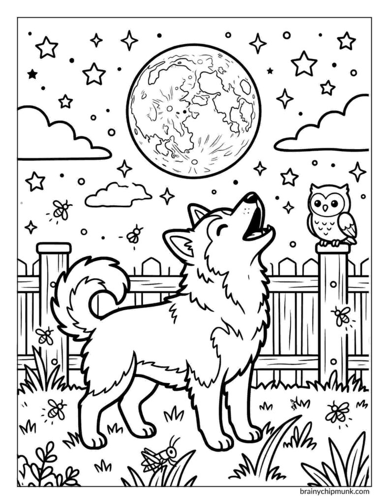 42 Cute Husky Coloring Pages A Husky howls at a large, full moon in a starry night sky coloring page. An owl perches on a fence nearby. The scene includes grass, an insect, and clouds.