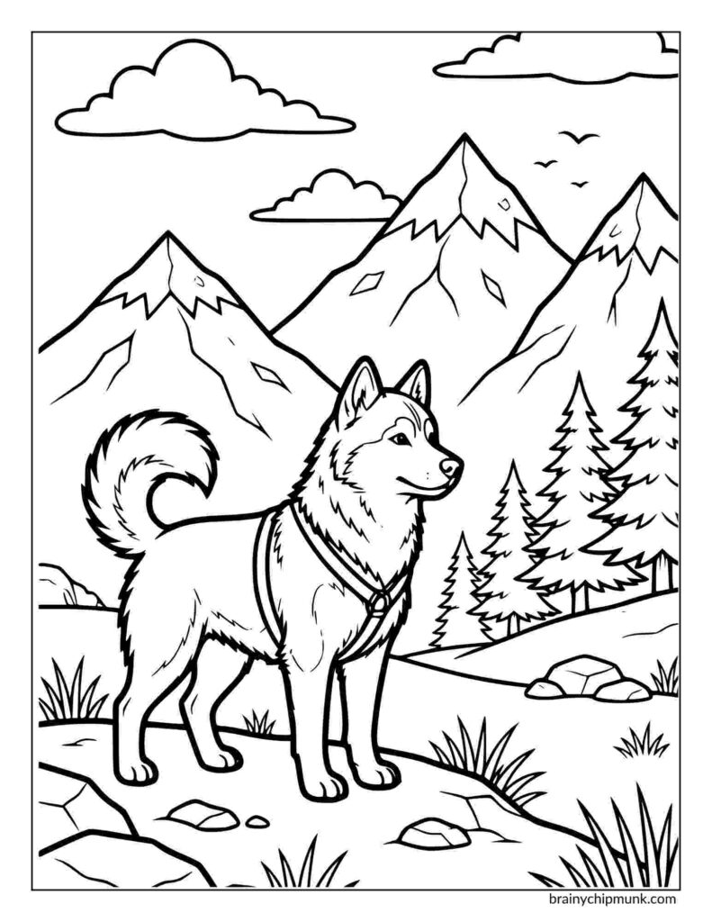 42 Cute Husky Coloring Pages Coloring page of a husky dog standing on a grassy hill with mountains and pine trees in the background, under a partly cloudy sky.
