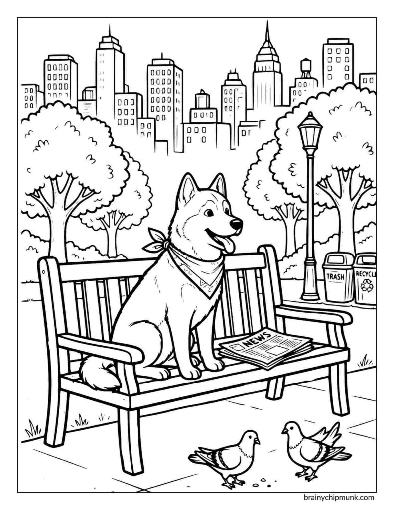 42 Cute Husky Coloring Pages A happy husky with a bandana sits on a park bench by a newspaper, overlooking pigeons. Trees and city skyscrapers fill the background, creating a serene coloring page scene.
