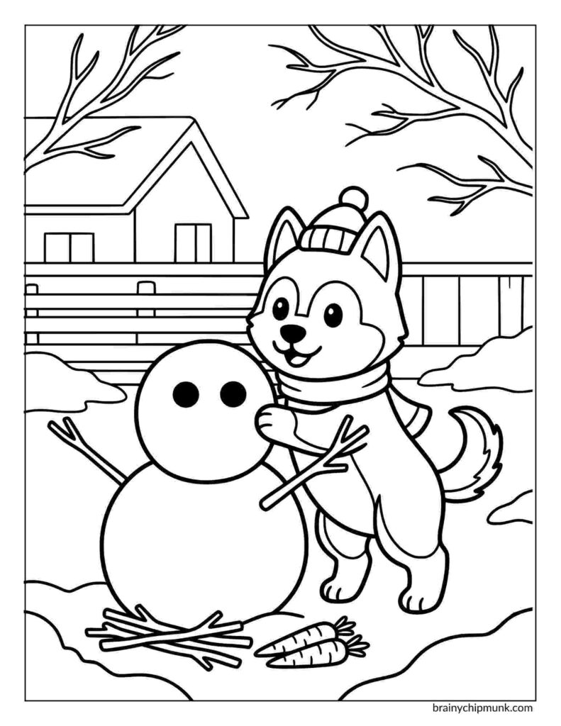 42 Cute Husky Coloring Pages A happy cartoon husky with a hat and scarf builds a snowman with twig arms coloring page. A cozy house and bare winter trees are in the background.