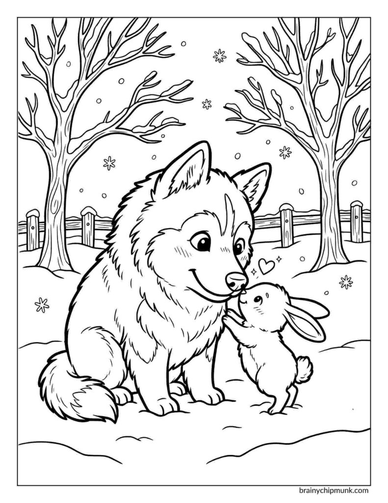 42 Cute Husky Coloring Pages A fluffy husky puppy and a small rabbit touch noses affectionately in a snowy landscape coloring page. Bare trees and falling snowflakes create a serene, warm atmosphere.