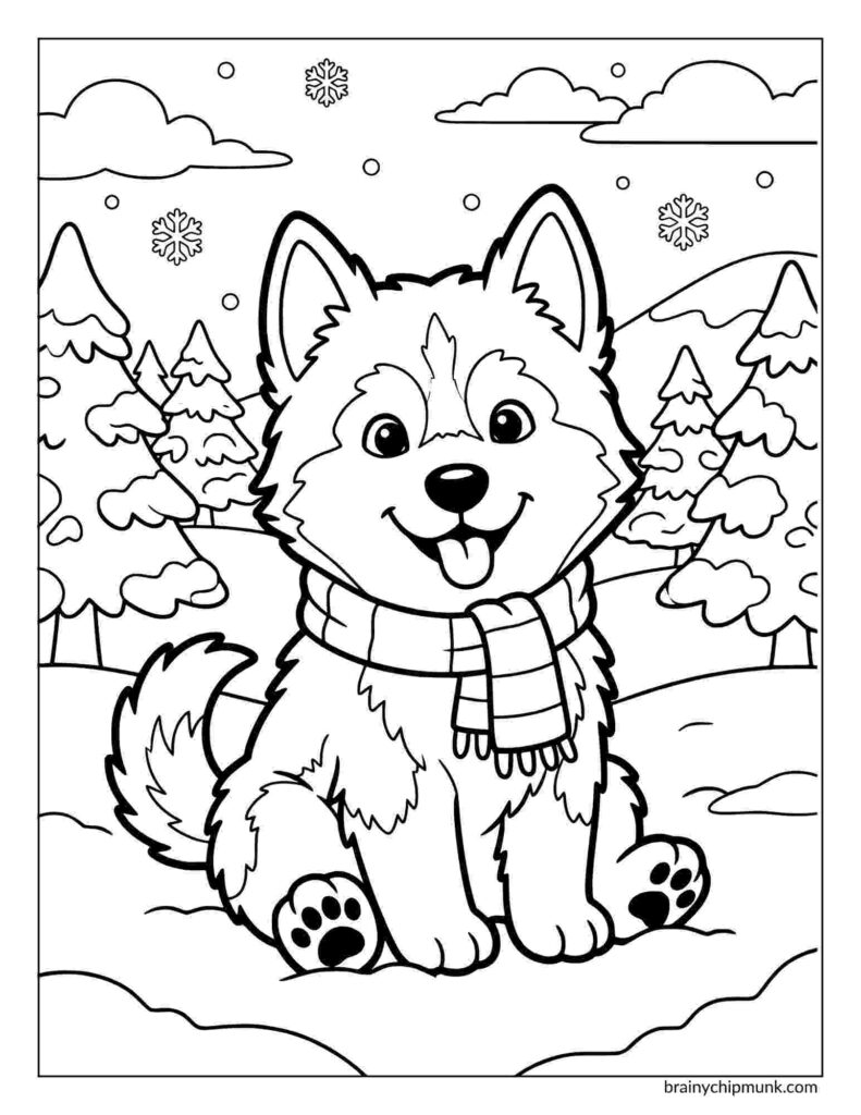 42 Cute Husky Coloring Pages A happy husky wearing scarf sits in a snowy forest, surrounded by snow-capped trees. Snowflakes fall gently from a cloudy sky.