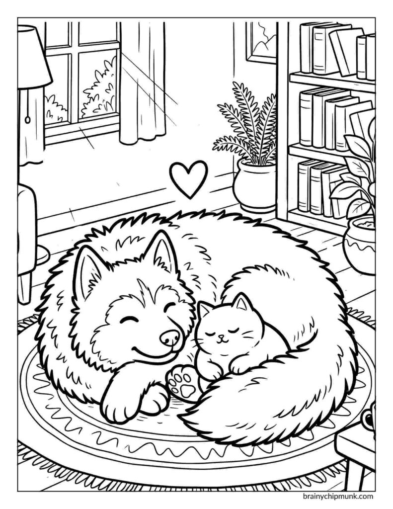 42 Cute Husky Coloring Pages Coloring page of a fluffy husky and a small cat nap together on a cozy rug in a living room. A heart shape hovers above them, conveying warmth and comfort.