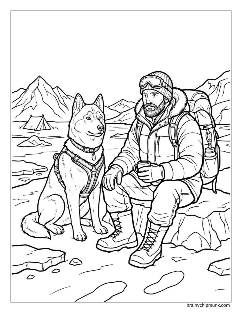 42 Cute Husky Coloring Pages Coloring page of a Husky and an explorer in winter gear sits on a rock with a backpack, holding a mug. Beside him, a husky dog stands alert. Snowy mountains and a tent are in the background.