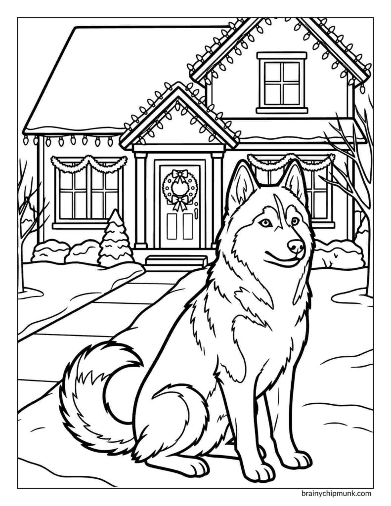 42 Cute Husky Coloring Pages A festive winter scene in a coloring page depicts a husky dog sitting in front of a cozy house with Christmas decorations and snow on the ground.