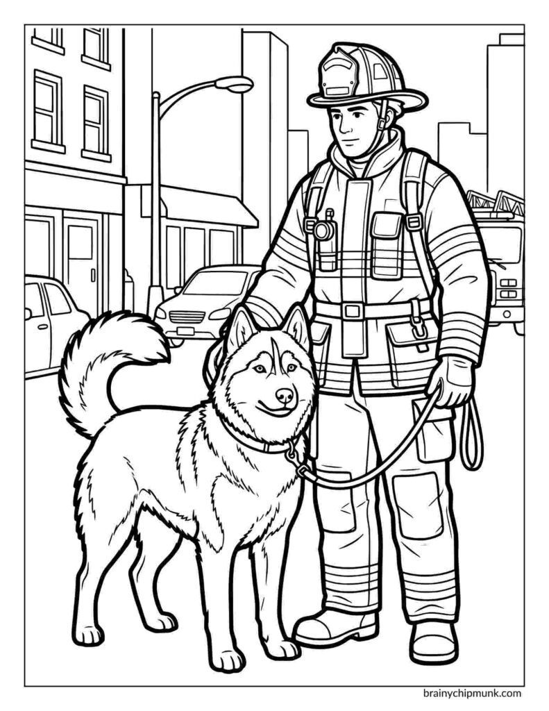 42 Cute Husky Coloring Pages Coloring page of a firefighter and a husky standing on a city street. The firefighter wears a helmet and uniform, holding the dog's leash.