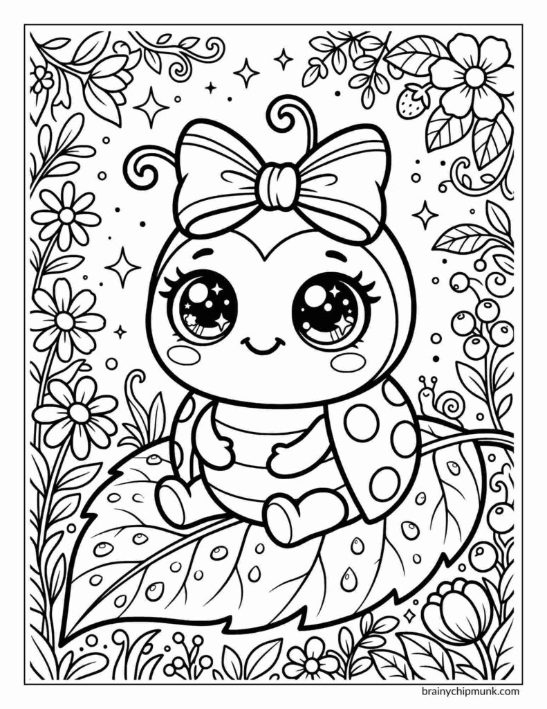 Cute cartoon ladybug coloring page with big eyes and a bow sits on a leaf, surrounded by flowers and vines. The scene is playful and whimsical.
