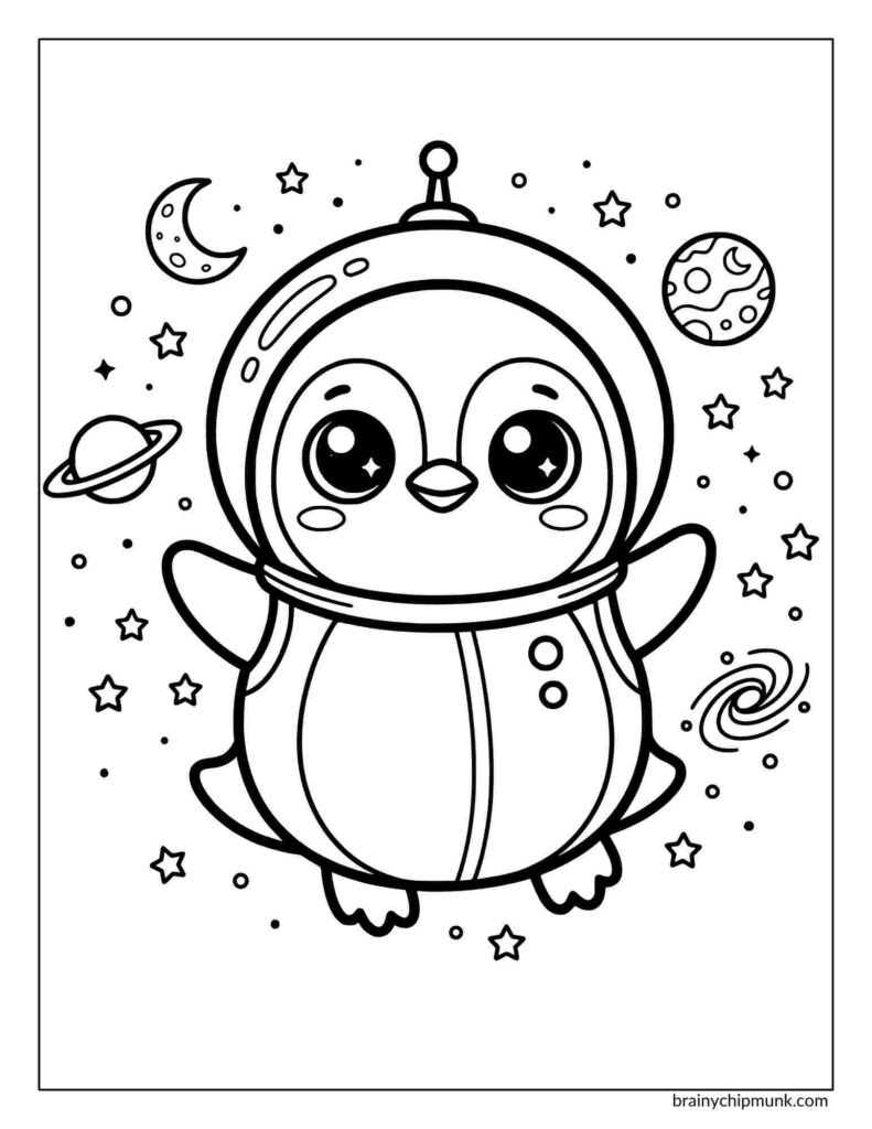 Cute cartoon penguin in an astronaut suit, floating in space with stars, planets, a crescent moon, and a swirling galaxy coloring page. Adventure and whimsy.