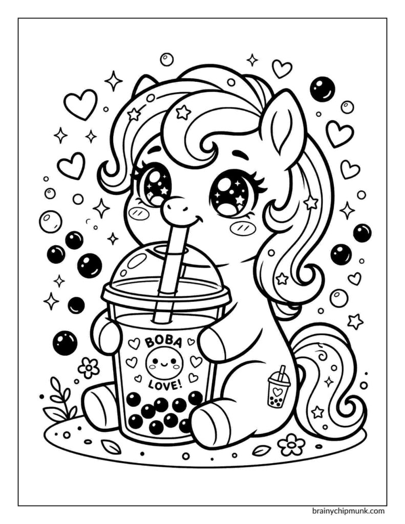 Cute coloring page of pony sipping boba tea. Surrounded by hearts, stars, and bubbles, creating a whimsical and joyful atmosphere.