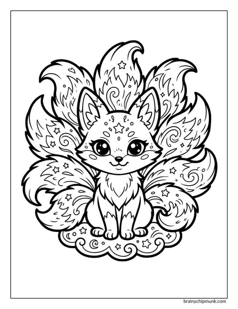 Coloring page of a cute fox with multiple fluffy tails sits on a cloud. Its large eyes and intricate starry patterns give a whimsical, magical feel.