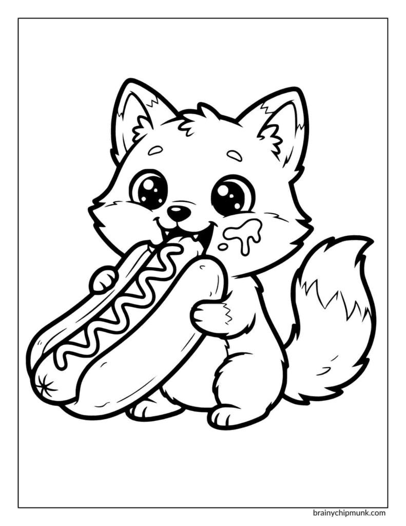Cute cartoon fox joyfully holding and biting into a large hot dog. Its big eyes and wagging tail convey excitement and delight. Black and white fox coloring page.